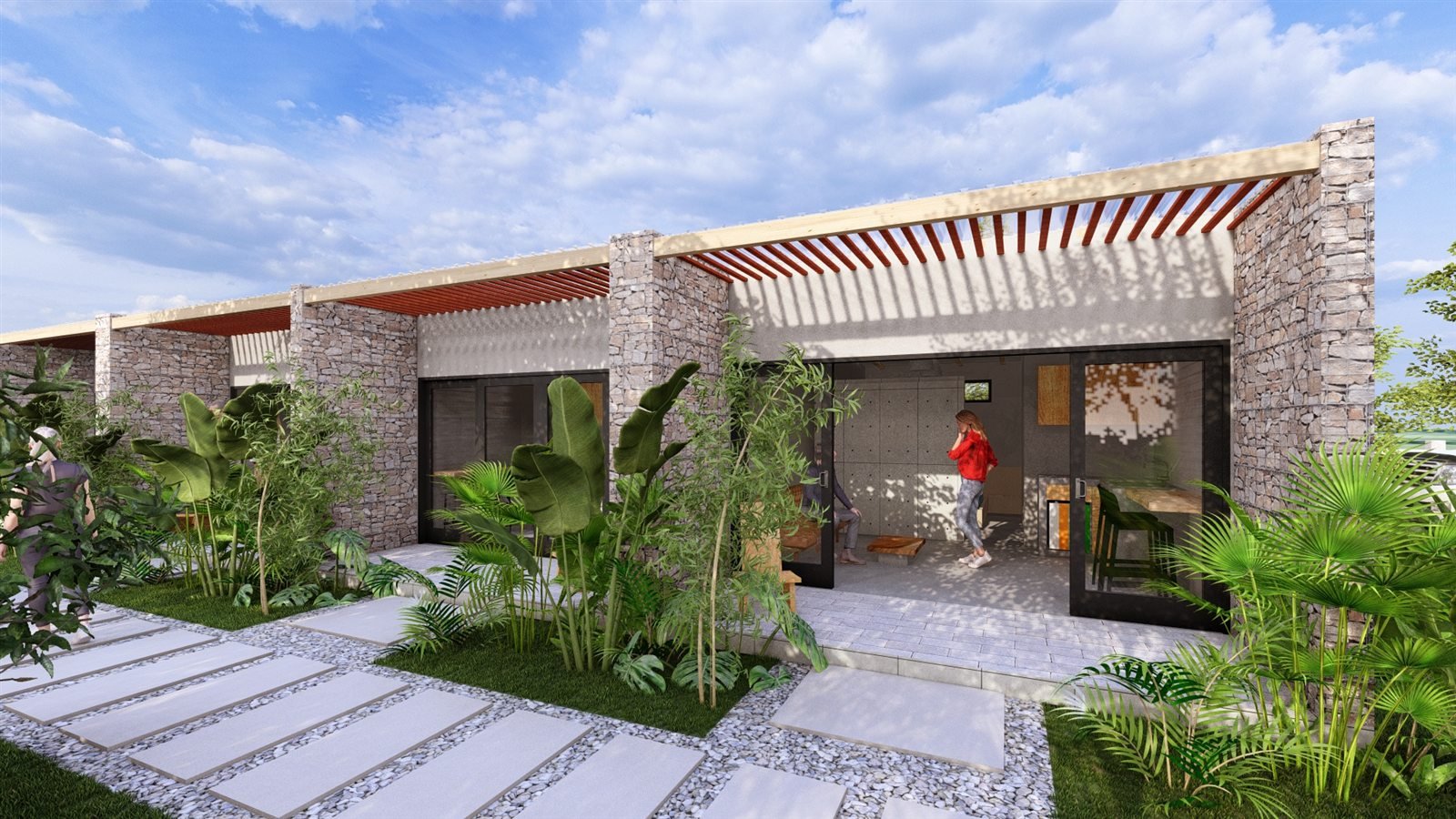 Coliving con terraza y pérgola